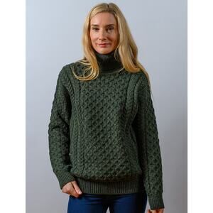 NWOT The Irish Store Women's Merino Wool Fisherman Turtleneck Sweater Green Lrge